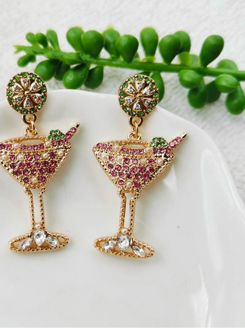 Gold-Tone Pink & Green Crystal Martini Drop Earrings